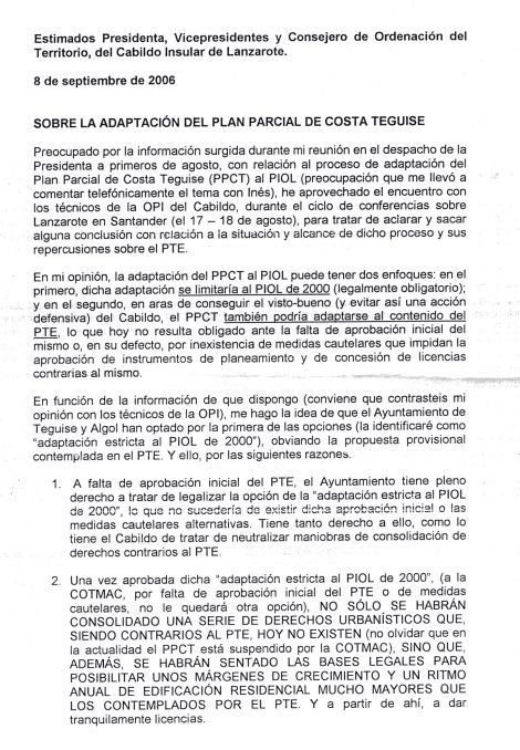 CARTA ENVIADA POR FERNANDO PRATS AL GRUPO DE GOBIERNO DEL CABILDO