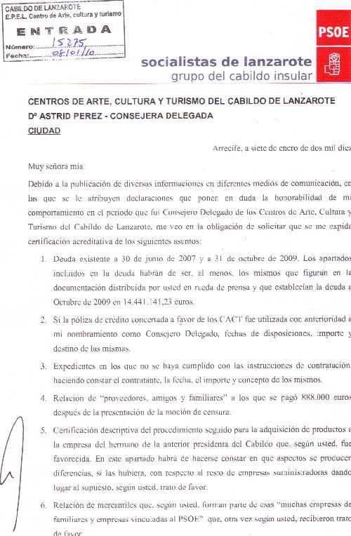 Escrito enviado por Carlos Espino a la consejera de los Centros Turísticos