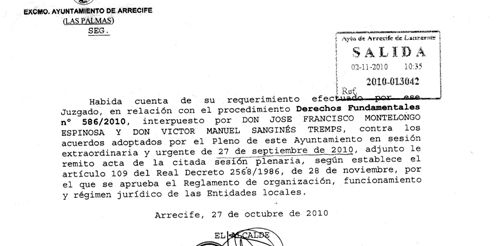 Arrecife muestra documentos que acreditan que envió al Juzgado el acta del pleno impugnada por el PSOE