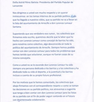 Un "misterioso" escrito pide que se incluya a Lorenzo Lemaur en la lista electoral del PP en Arrecife