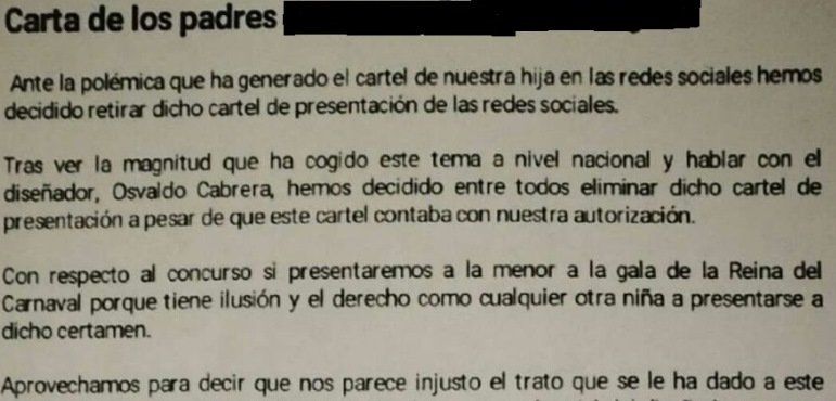 Los padres de la niña candidata a reina del Carnaval de Arrecife "deciden retirar" el cartel