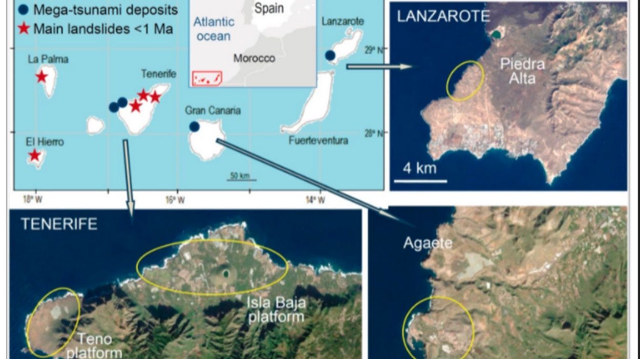 Ubicación de los depósitos de tsunamis y principales mega deslizamientos de tierra