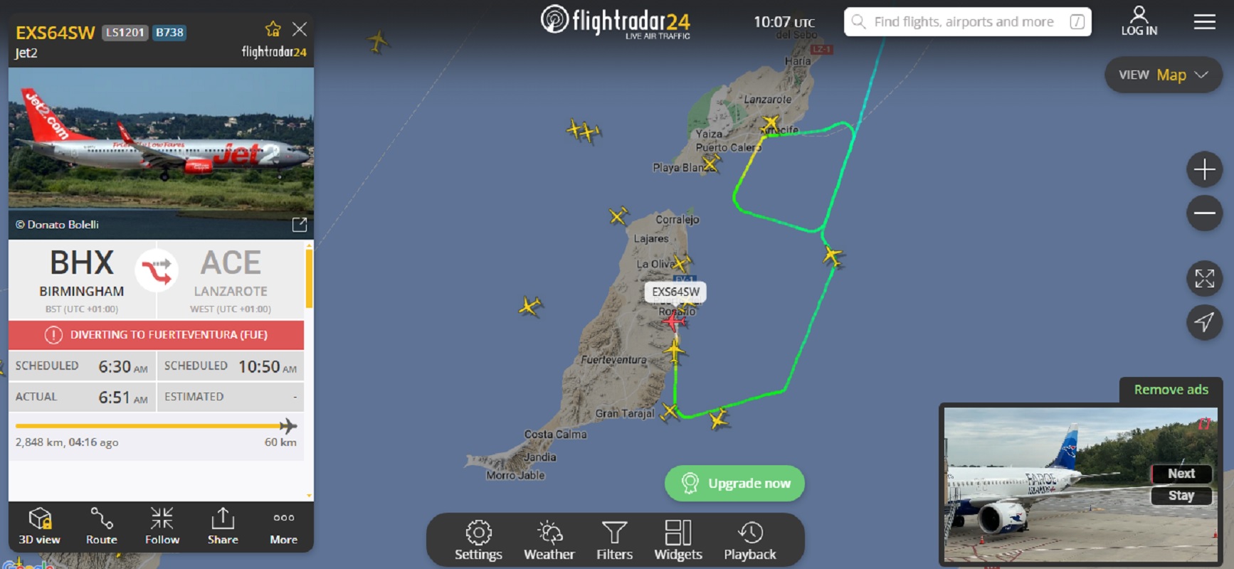 Vuelo procedente de Birmingham desviado este lunes a Fuerteventura. Foto: Flight Radar. 