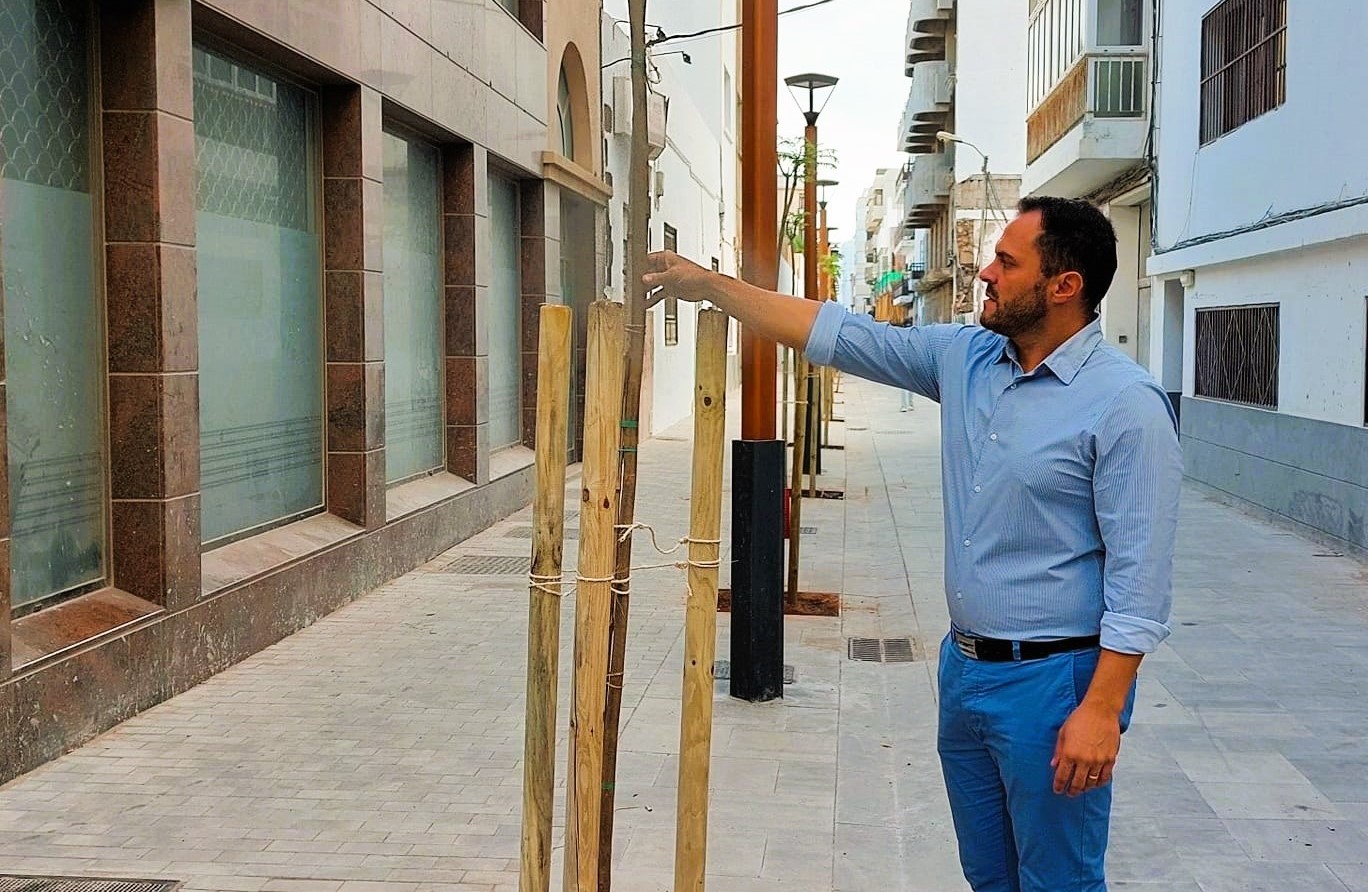 La transformación de la calle Canalejas seguirá hasta La Plazuela. El alcalde de Arrecife, en el día  que se plantaron las jacarandas en la vía