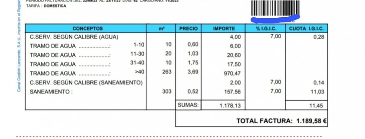 La segunda factura de más de 1.000 euros que Canal Gestión obliga a pagar a la vecina